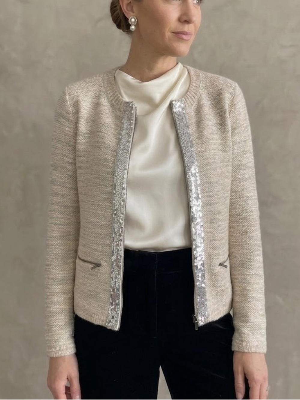 Banana Republic Merino Wool Boucle Light Beige Sequin-Trim Blazer Size Medium